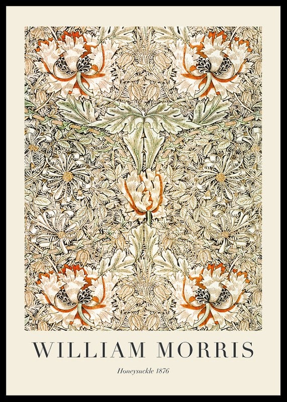 Stylized, dense pattern with honeysuckle flowers and winding leaves in green, yellow and orange shades against a dark background-12