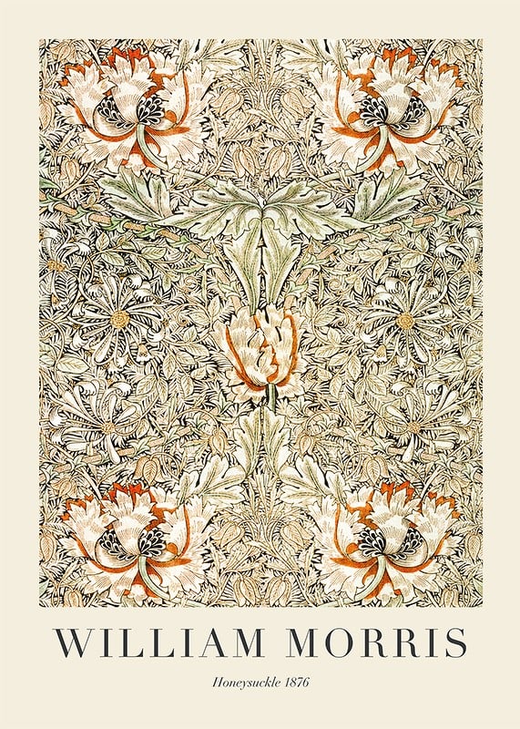 Stylized, dense pattern with honeysuckle flowers and winding leaves in green, yellow and orange shades against a dark background-12
