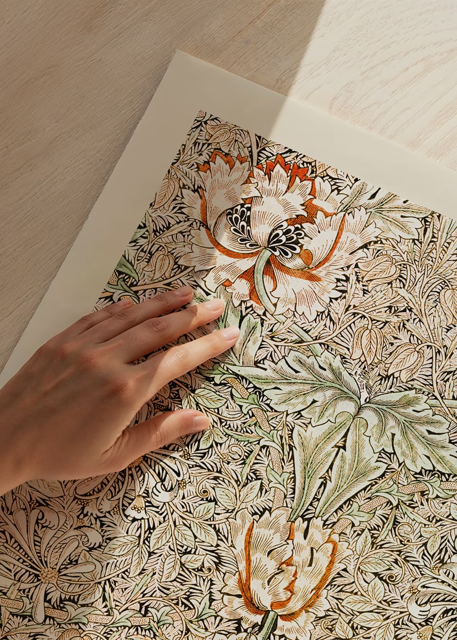Stylized, dense pattern with honeysuckle flowers and winding leaves in green, yellow and orange shades against a dark background-12