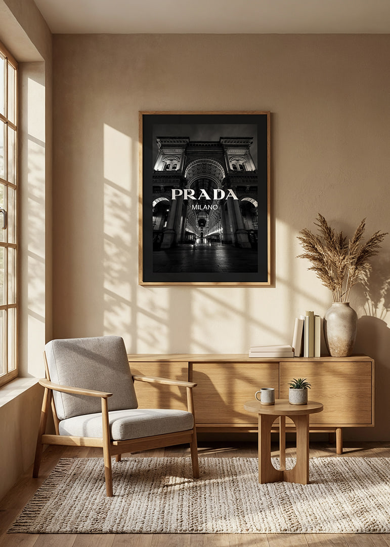 Black and white night image of illuminated arcade in Milan with Prada text-12