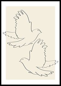 Čiarová ilustrácia dvoch lietajúcich holubov na béžovom pozadí-0