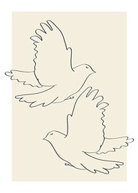 Čiarová ilustrácia dvoch lietajúcich holubov na béžovom pozadí-1