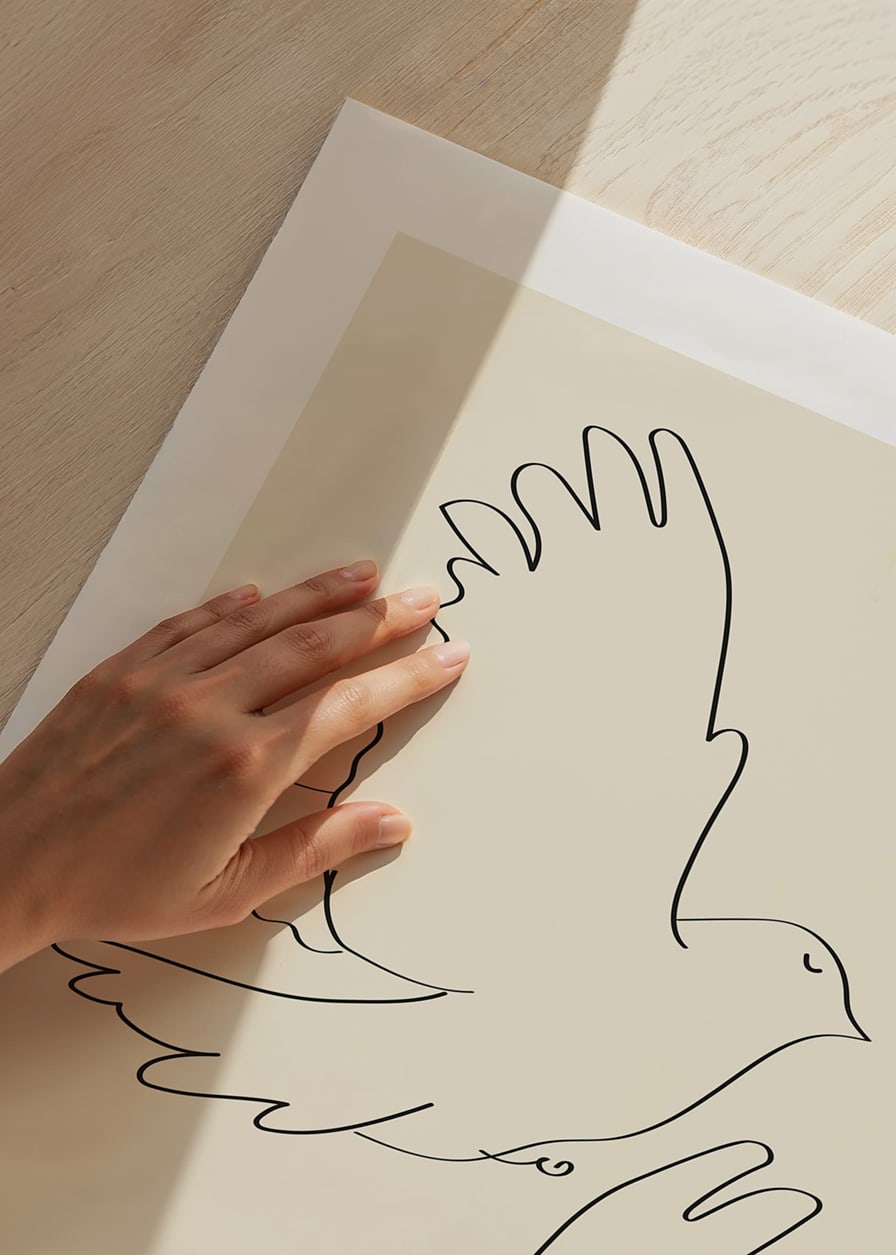 Čiarová ilustrácia dvoch lietajúcich holubov na béžovom pozadí-12