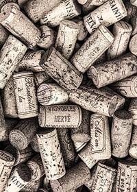 Photograph of several wine corks with prints in beige shades-7