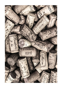 Photograph of several wine corks with prints in beige shades-1