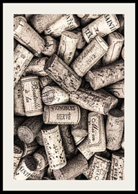 Photograph of several wine corks with prints in beige shades-2