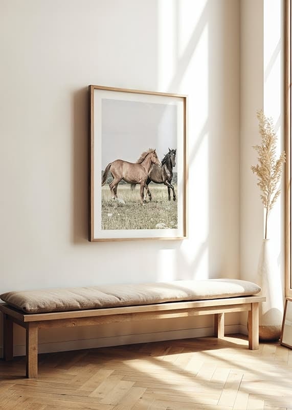 Two brown horses on meadow in gentle natural tones-12