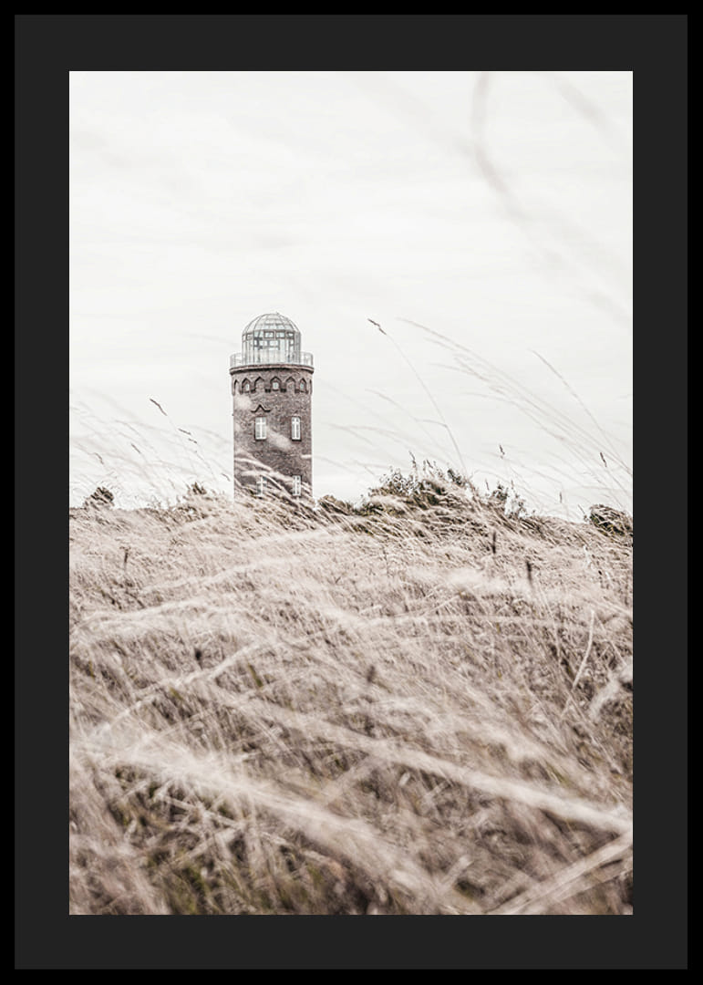 Photographic motif of lighthouse behind waving dry grass field-12
