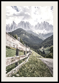 Photographic mountain landscape with wooden fence and dramatic peaks-2