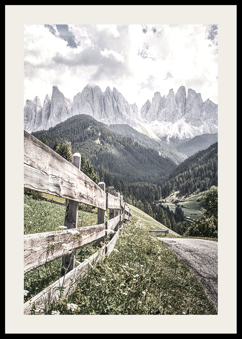 Photographic mountain landscape with wooden fence and dramatic peaks-12