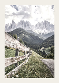 Photographic mountain landscape with wooden fence and dramatic peaks-3