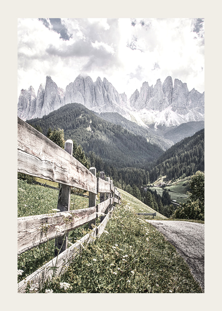 Photographic mountain landscape with wooden fence and dramatic peaks-12