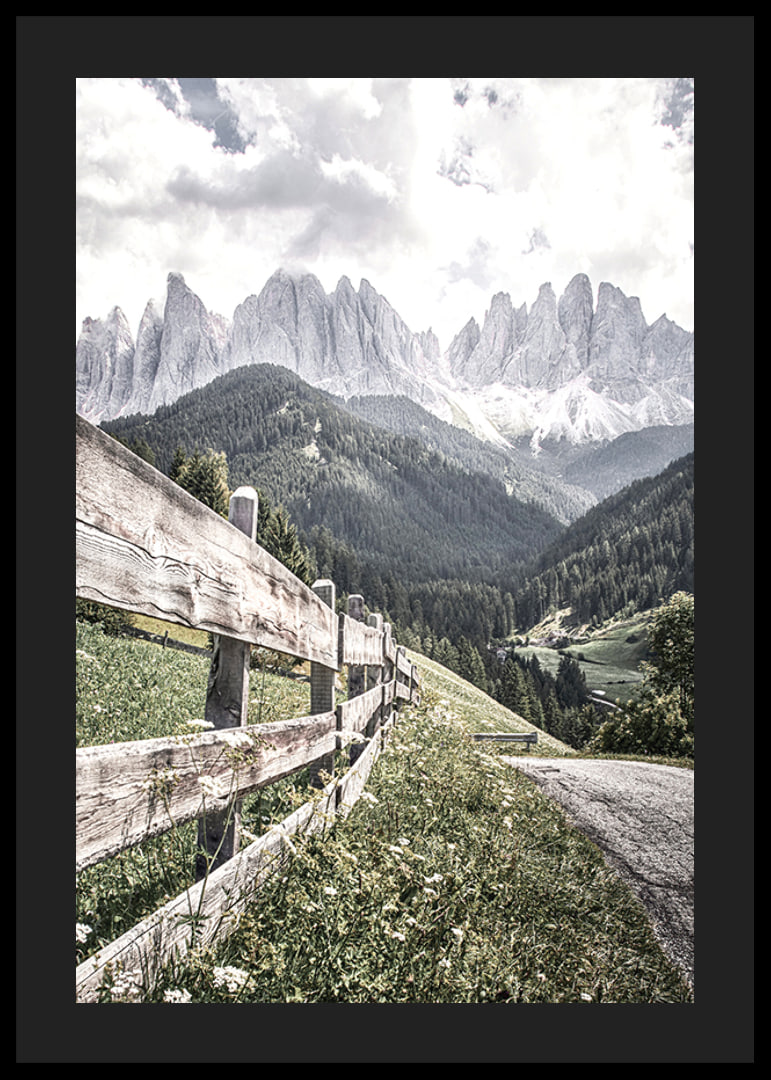 Photographic mountain landscape with wooden fence and dramatic peaks-12