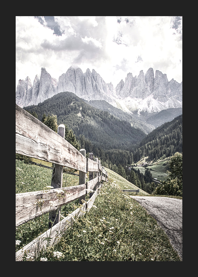 Photographic mountain landscape with wooden fence and dramatic peaks-12