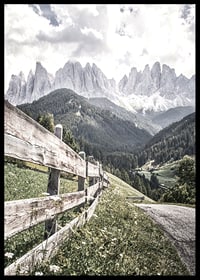 Photographic mountain landscape with wooden fence and dramatic peaks-6