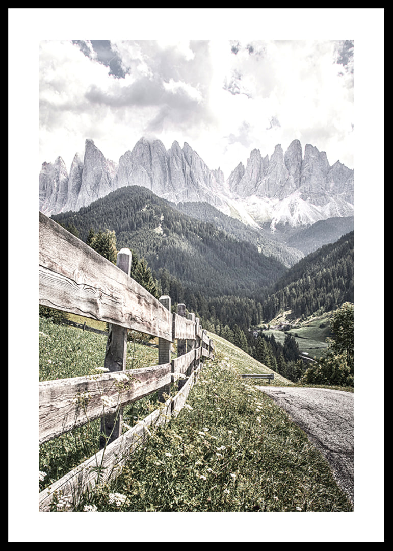 Photographic mountain landscape with wooden fence and dramatic peaks-12