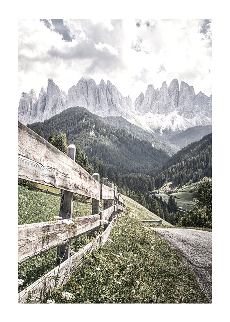 Photographic mountain landscape with wooden fence and dramatic peaks-12