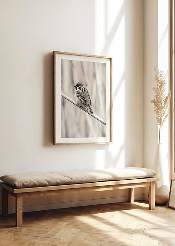 Photographic close-up of willow finch on thin branch, beige background-12