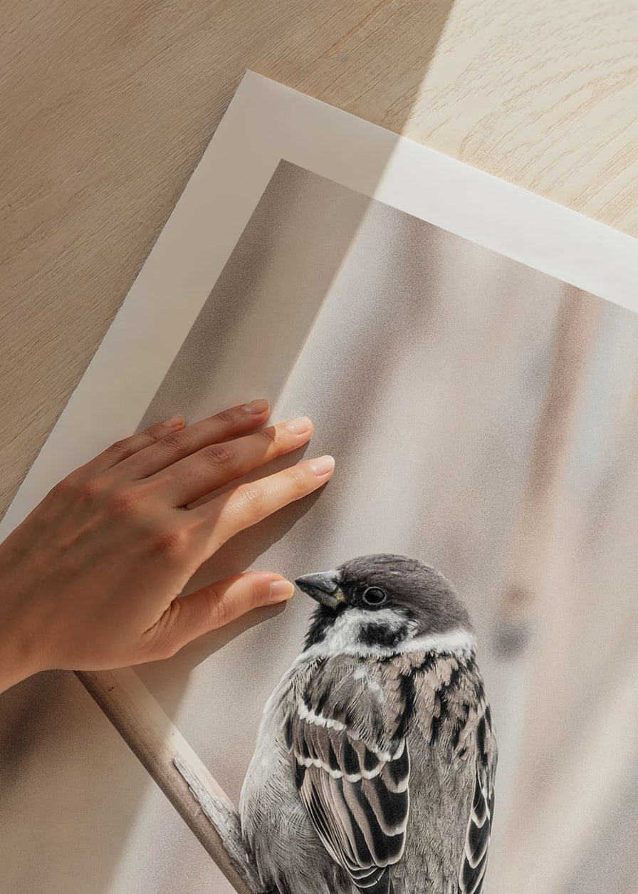 Photographic close-up of willow finch on thin branch, beige background-12