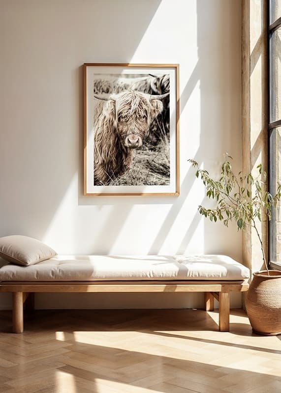 Close-up of long-haired highland cow in beige tones, photographic-12