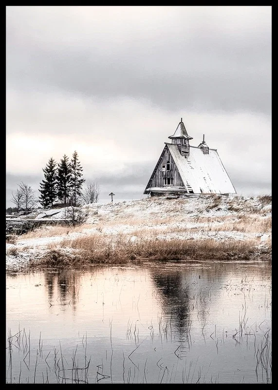 Photographic winter landscape with wooden cabin by a calm lake-12