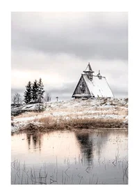 Photographic winter landscape with wooden cabin by a calm lake-1