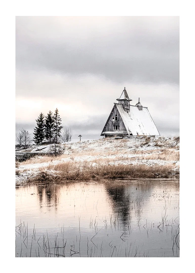 Photographic winter landscape with wooden cabin by a calm lake-12