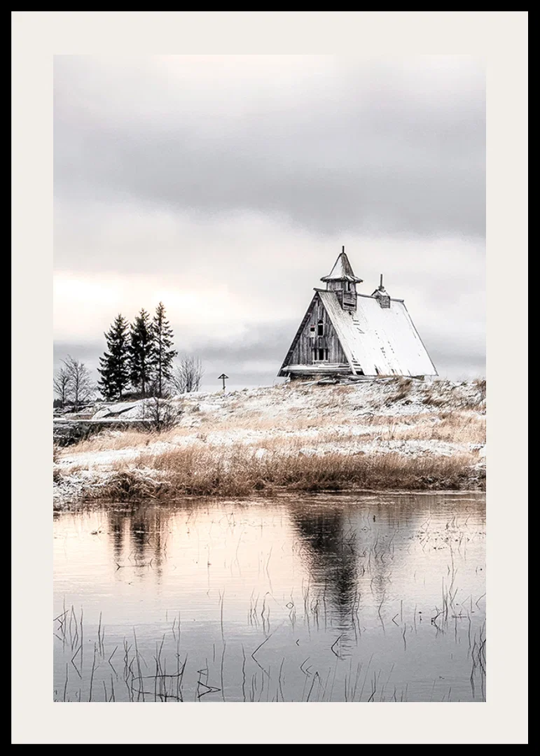 Photographic winter landscape with wooden cabin by a calm lake-12