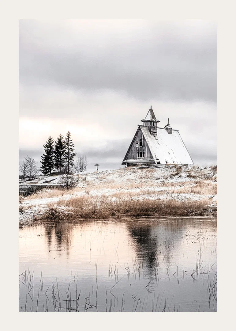 Photographic winter landscape with wooden cabin by a calm lake-12