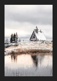 Photographic winter landscape with wooden cabin by a calm lake-5