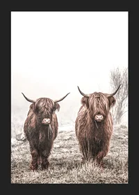 Two brown highland cows in foggy landscape with horns-5