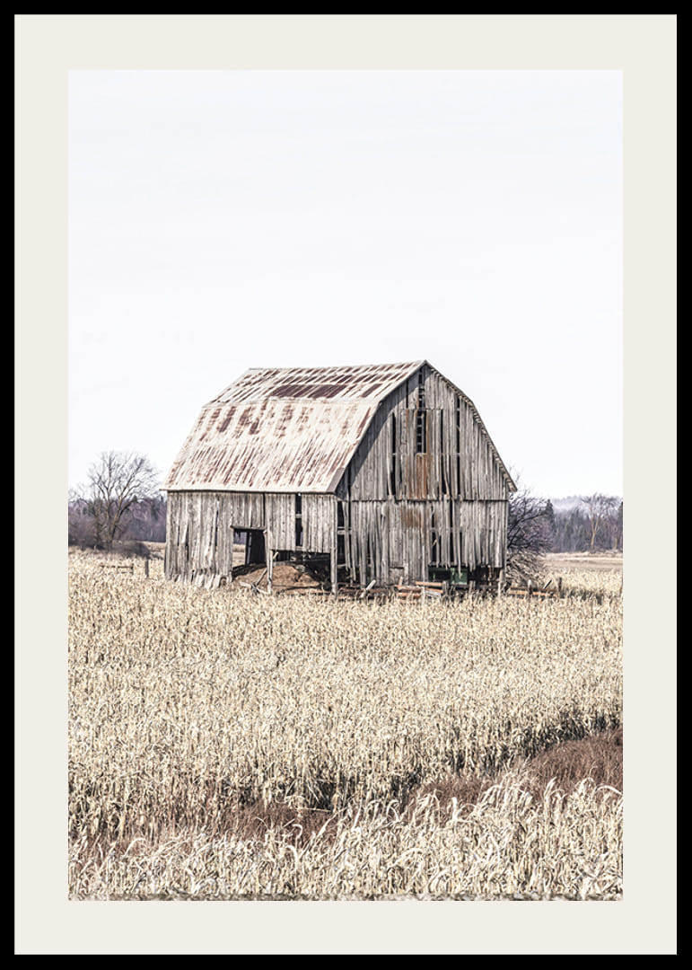 Fénykép egy viharvert fa pajtáról egy száraz mező közepén-12