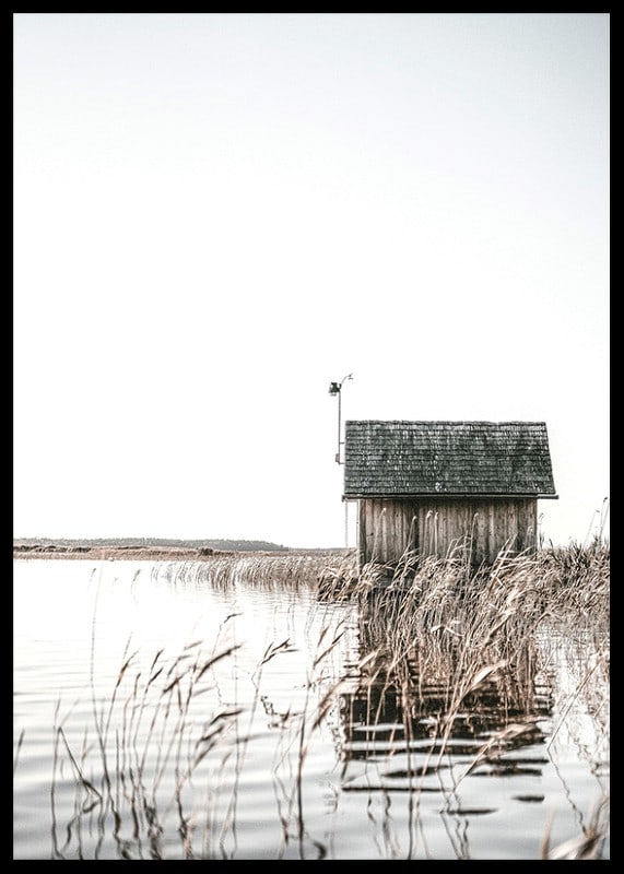 Motif photographique d'un chalet en bois au bord d'une roselière et d'un lac calme-12