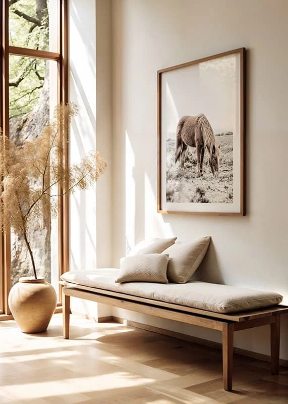 Photographic brown horse grazing in field in soft beige tones-12