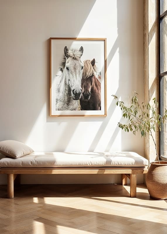 Close-up of white and brown horse against light background, photographic-12