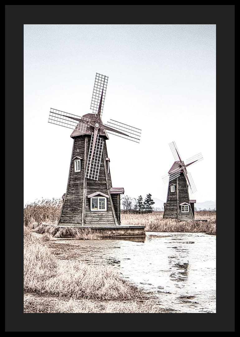 Valokuva kahdesta vanhasta puisesta tuulimyllystä ruo'on ja veden äärellä-12