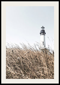 Fotografía de un faro blanco detrás de un césped alto de color beige contra un cielo brillante.-2