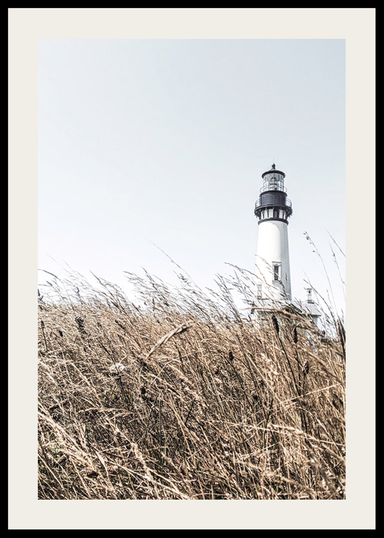 Fotografía de un faro blanco detrás de un césped alto de color beige contra un cielo brillante.-12