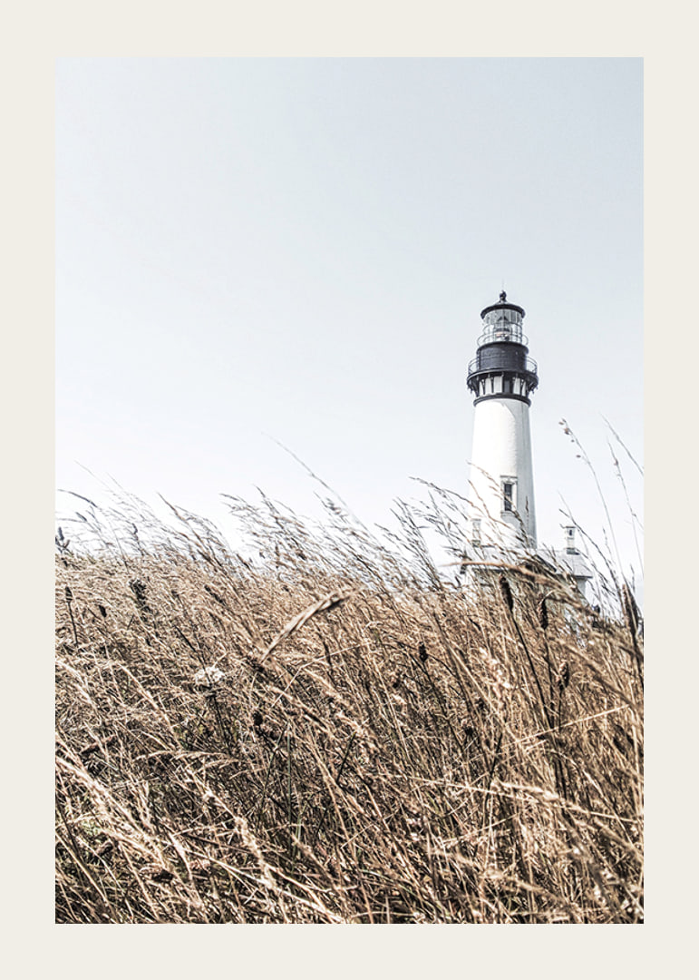 Fotografía de un faro blanco detrás de un césped alto de color beige contra un cielo brillante.-12