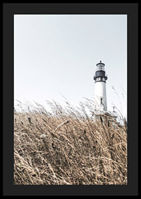 Fotografía de un faro blanco detrás de un césped alto de color beige contra un cielo brillante.-4