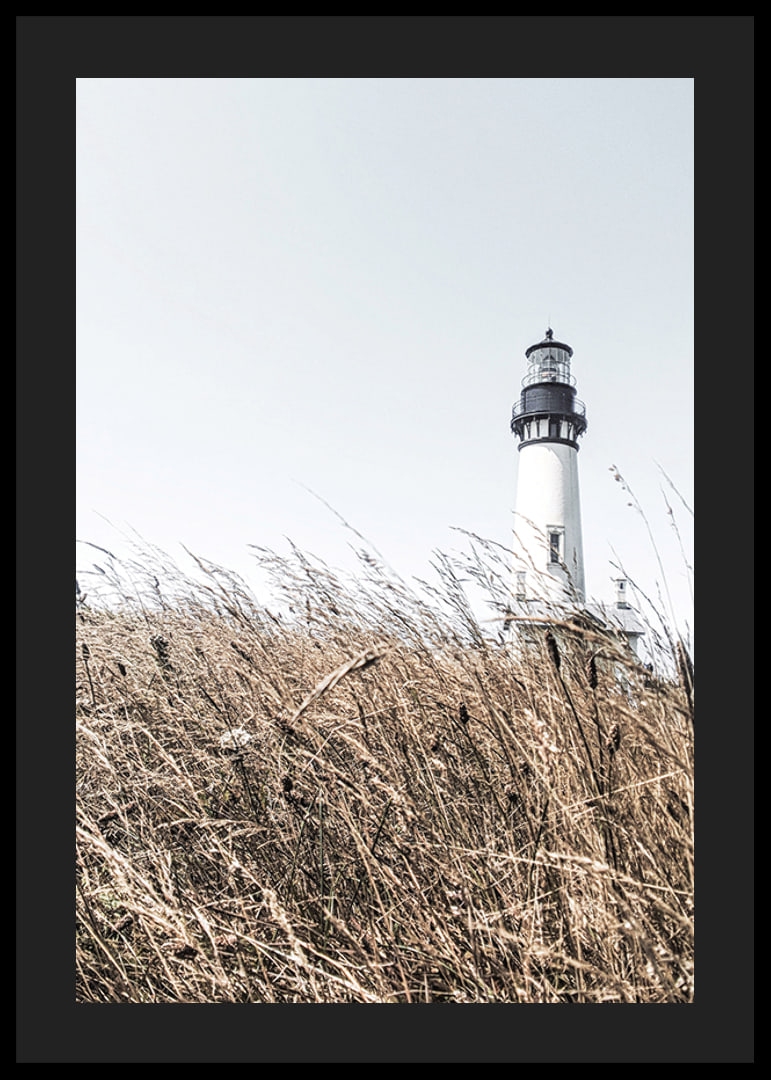 Fotografía de un faro blanco detrás de un césped alto de color beige contra un cielo brillante.-12