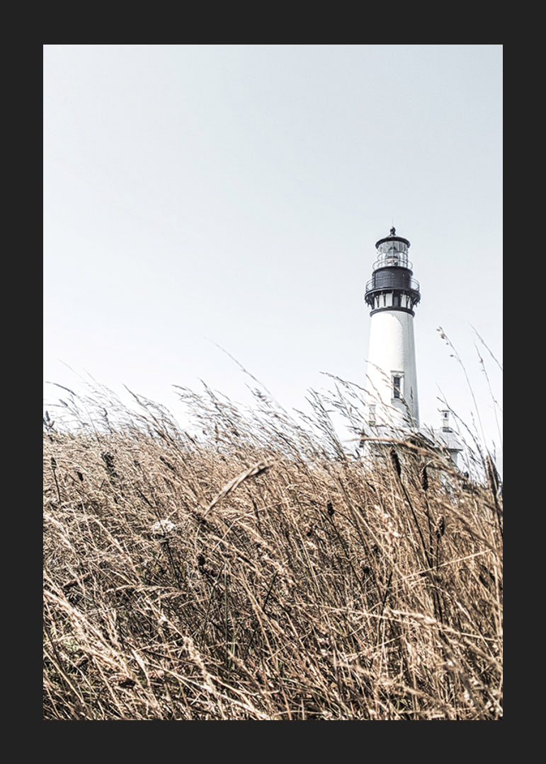 Fotografía de un faro blanco detrás de un césped alto de color beige contra un cielo brillante.-12
