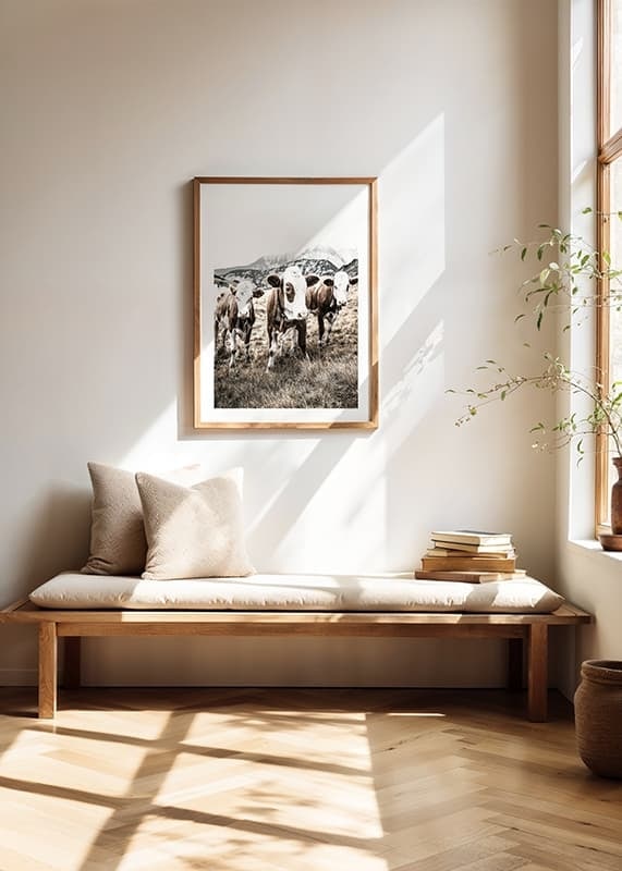 Photograph of three brown and white cows in a meadow with mountains in the background-12