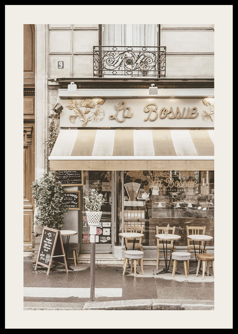 Photograph of Parisian cafe with outdoor seating in beige tones-12