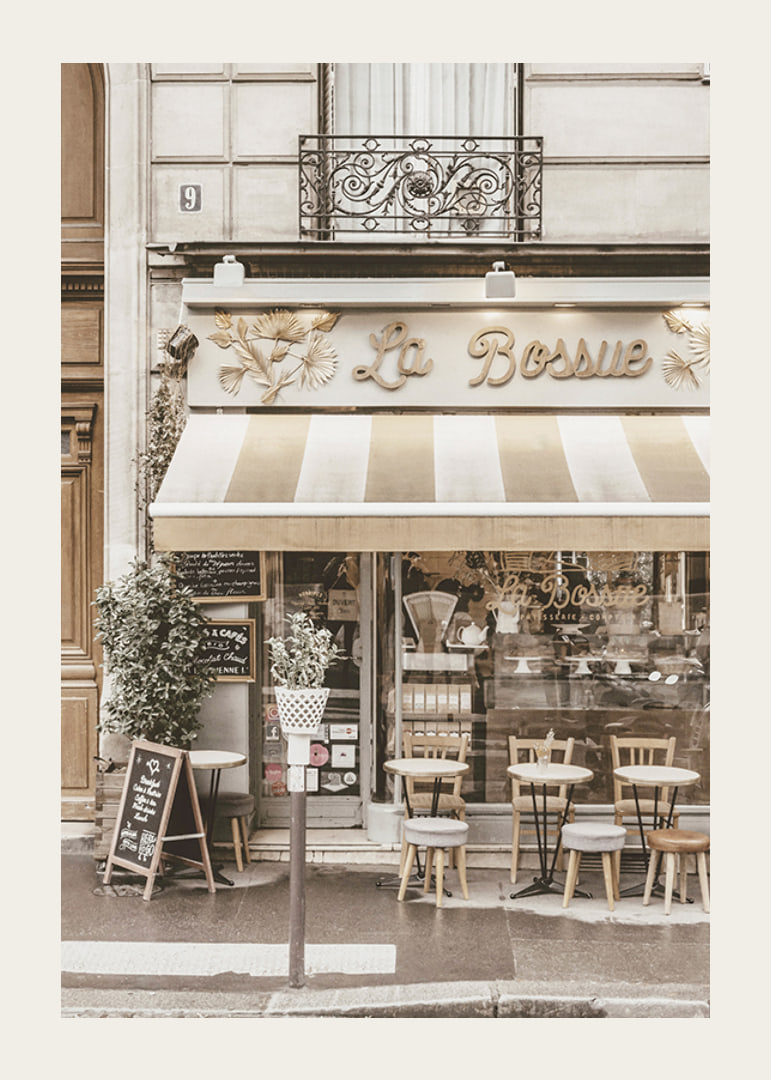 Photograph of Parisian cafe with outdoor seating in beige tones-12