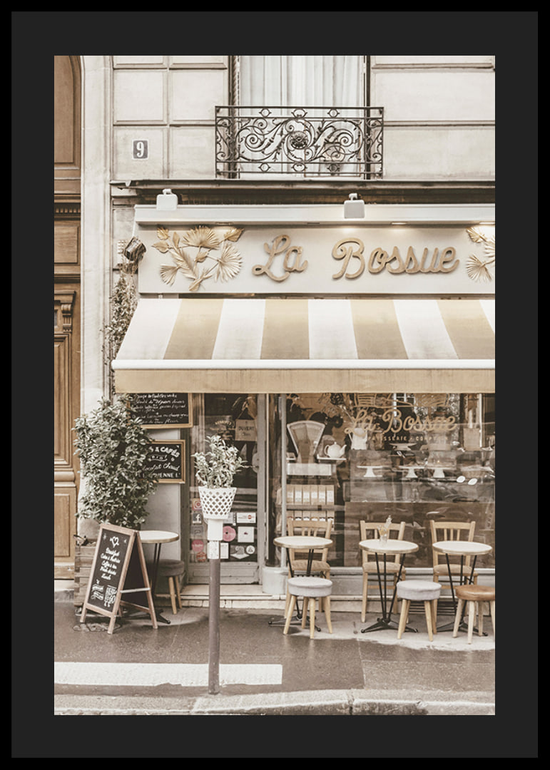 Photograph of Parisian cafe with outdoor seating in beige tones-12