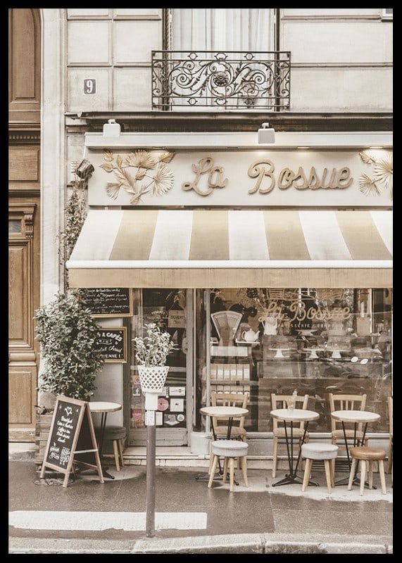 Photograph of Parisian cafe with outdoor seating in beige tones-12