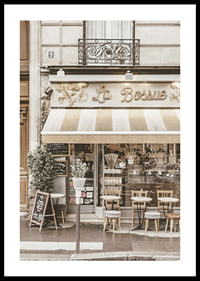 Photograph of Parisian cafe with outdoor seating in beige tones-0