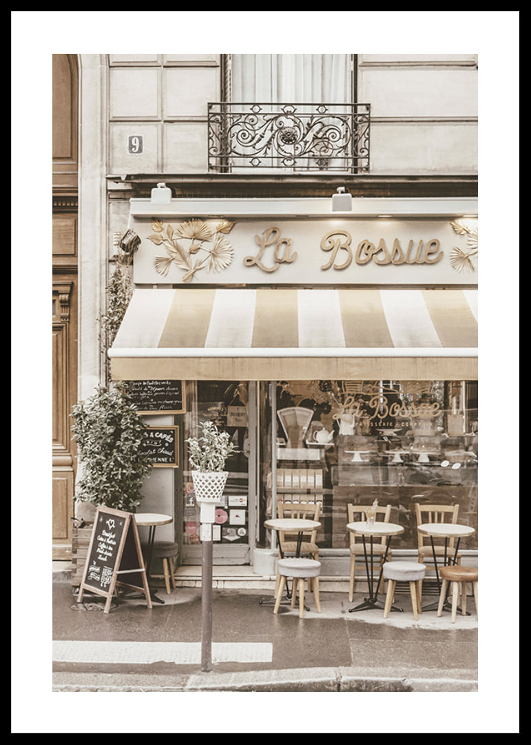 Photograph of Parisian cafe with outdoor seating in beige tones-12
