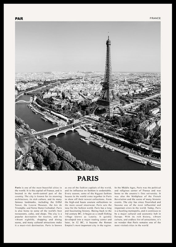 Svartvitt fotografi över Eiffeltornet och Paris stadskärna-12